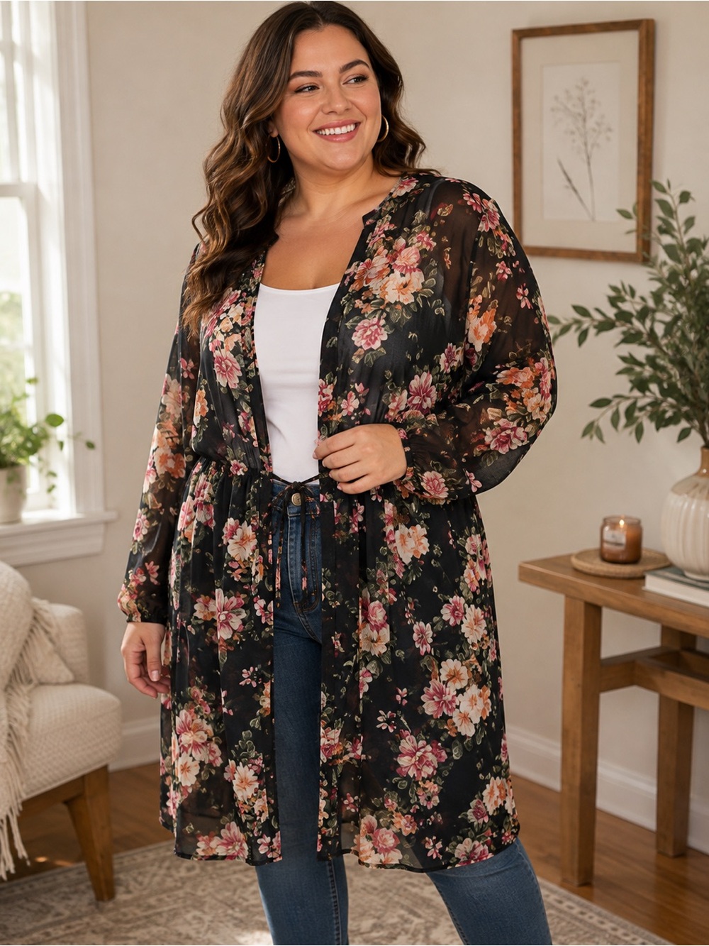 🌸 American Eagle Floral Kimono Duster – Black & Multicolor Floral